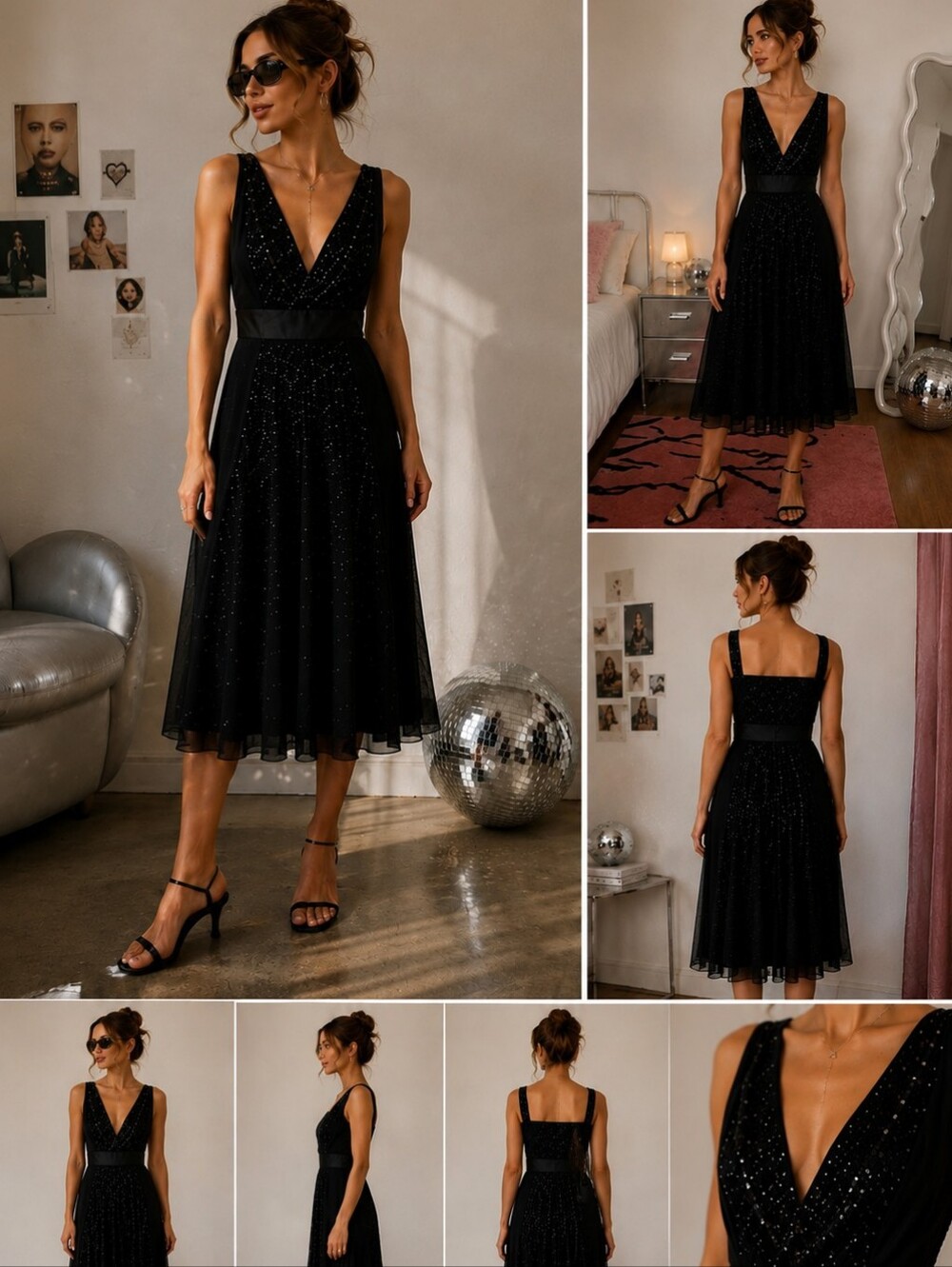 Beaded Y2K Dress Black Chiffon Beaded Cocktail Dress Wedding Guest Date Night